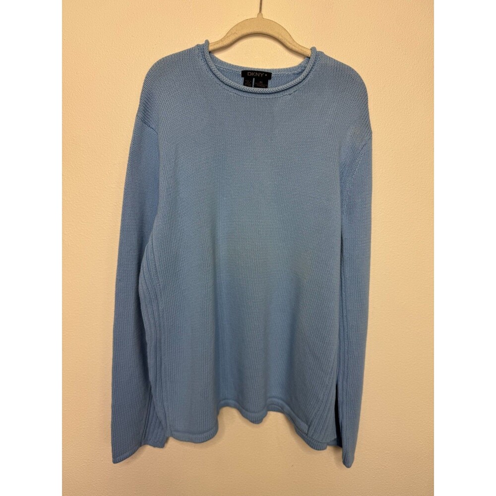 DKNY Womens XL Cable Knit Sweater Light Blue Ribbed Long Sleeve Pullover